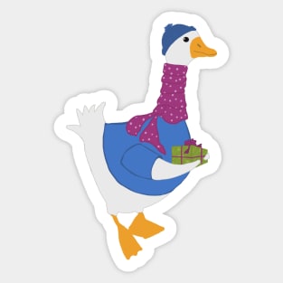 Cute goose wearing sweater scarf and Hat carrying Christmas gift Sticker